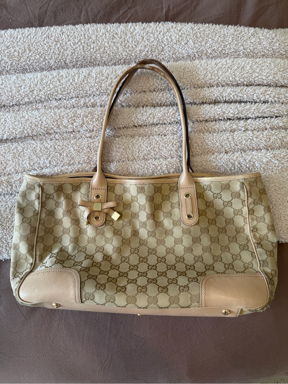 Gucci Tan Beige GG Canvas Tote with Leather Trim